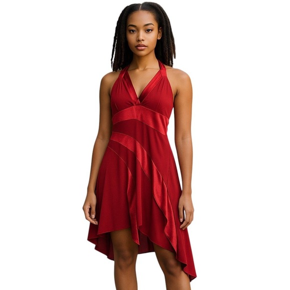Taboo Dresses & Skirts - Taboo‎ Vintage 90s Red Party Dress Halter Sleeveless Asymmetrical Hem M Cocktail